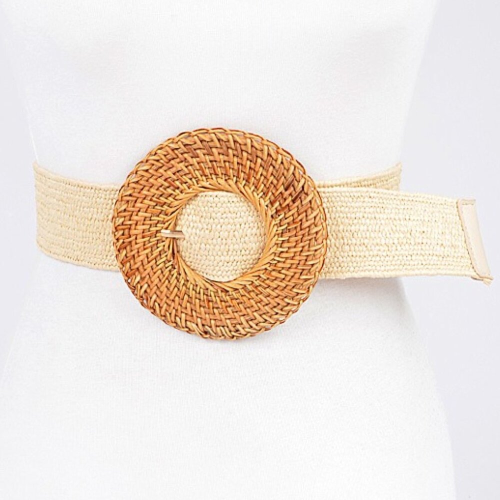 BNWT Brand New Bamboo Buckle Color Faux Straw Elastic Fashion Belt